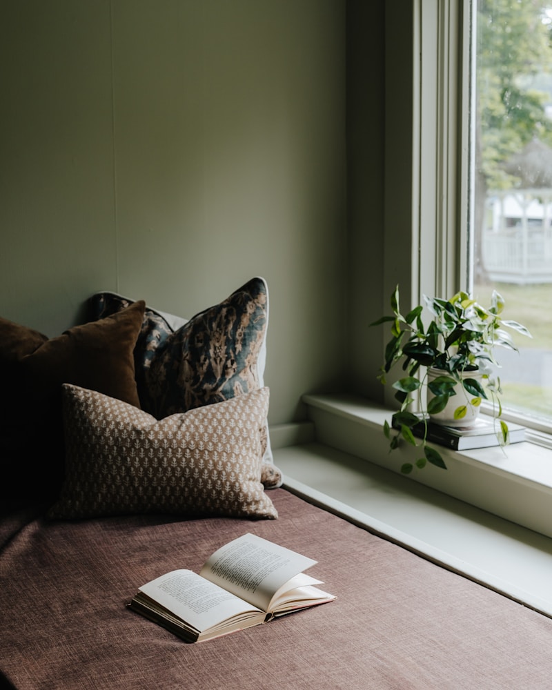 Window seat with pillows and an open book