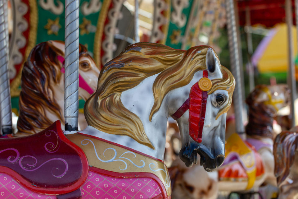 A painted carousel horse with a golden mane in warm afternoon light
